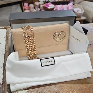Gucci Nude Patent Leather Chain Crossbody with Gold Heart GG